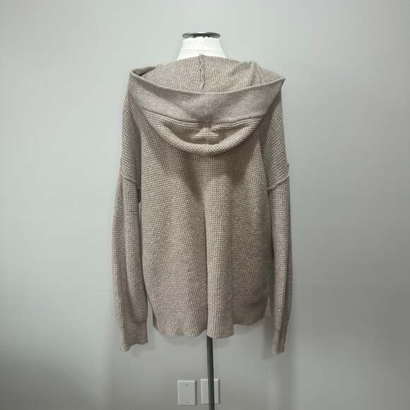 Aerie V-Neck Waffle Knit Hoodie Pullover Sweater in Tan, Sz M, *See flaw - Picture 3 of 7